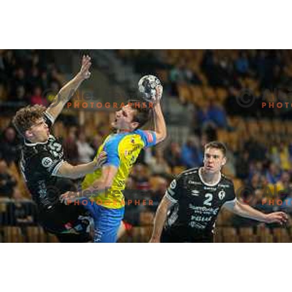 Tilen Strmljan in action during EHF Champions League handball match between Celje Pivovarna Lasko and Elverum handball in Zlatorog Arena, Celje, Slovenia on December 7, 2022