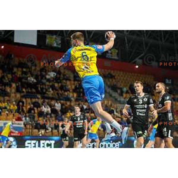 Tadej Mazej in action during EHF Champions League handball match between Celje Pivovarna Lasko and Elverum handball in Zlatorog Arena, Celje, Slovenia on December 7, 2022