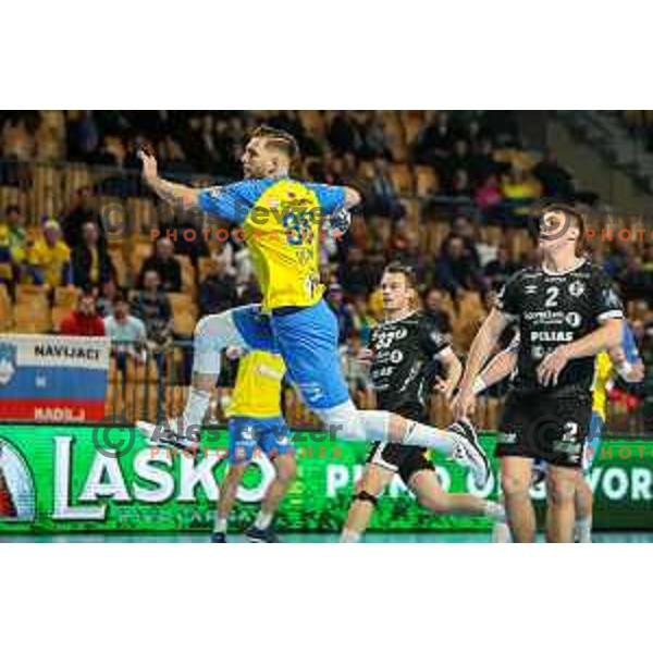 Aleks Vlah in action during EHF Champions League handball match between Celje Pivovarna Lasko and Elverum handball in Zlatorog Arena, Celje, Slovenia on December 7, 2022