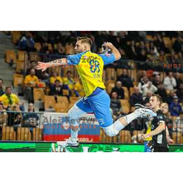 Aleks Vlah in action during EHF Champions League handball match between Celje Pivovarna Lasko and Elverum handball in Zlatorog Arena, Celje, Slovenia on December 7, 2022
