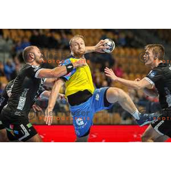 Ziga Mlakar in action during EHF Champions League handball match between Celje Pivovarna Lasko and Elverum handball in Zlatorog Arena, Celje, Slovenia on December 7, 2022
