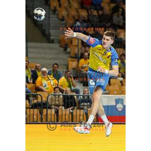 Tadej Mazej in action during EHF Champions League handball match between Celje Pivovarna Lasko and Elverum handball in Zlatorog Arena, Celje, Slovenia on December 7, 2022