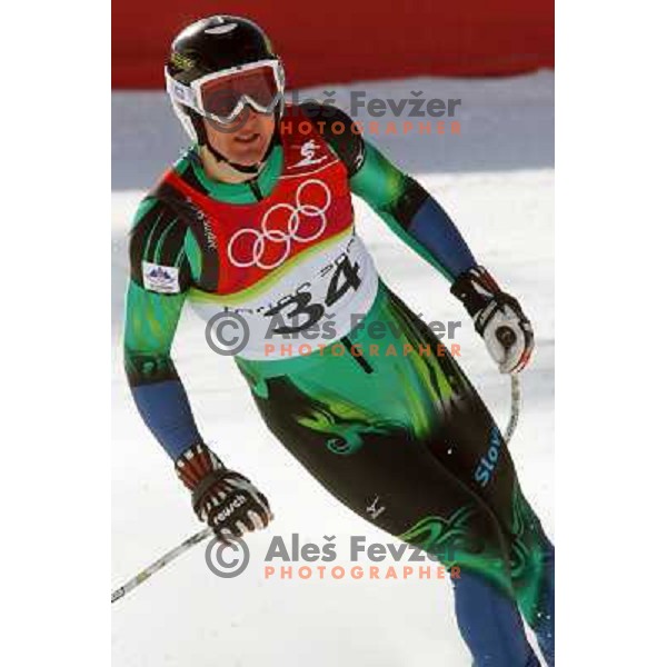 Andrej Sporn (SLO) in the finish line of 2006 Torino Winter Olympic games men\'s downhill race in Borgata, Sestriere on February 12, 2006