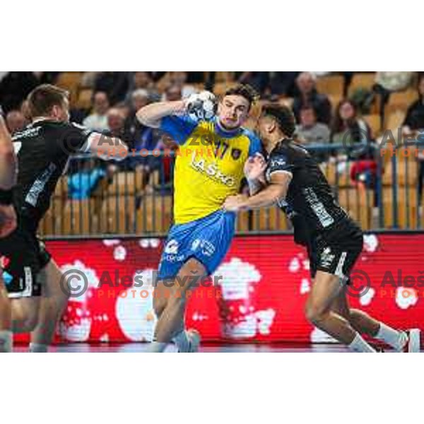 in action during EHF Champions League handball match between Celje Pivovarna Lasko and Elverum handball in Zlatorog Arena, Celje, Slovenia on December 7, 2022