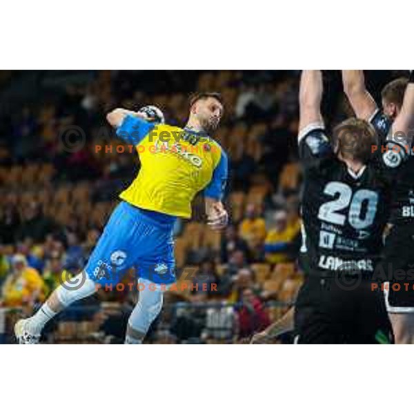 Aleks Vlah in action during EHF Champions League handball match between Celje Pivovarna Lasko and Elverum handball in Zlatorog Arena, Celje, Slovenia on December 7, 2022