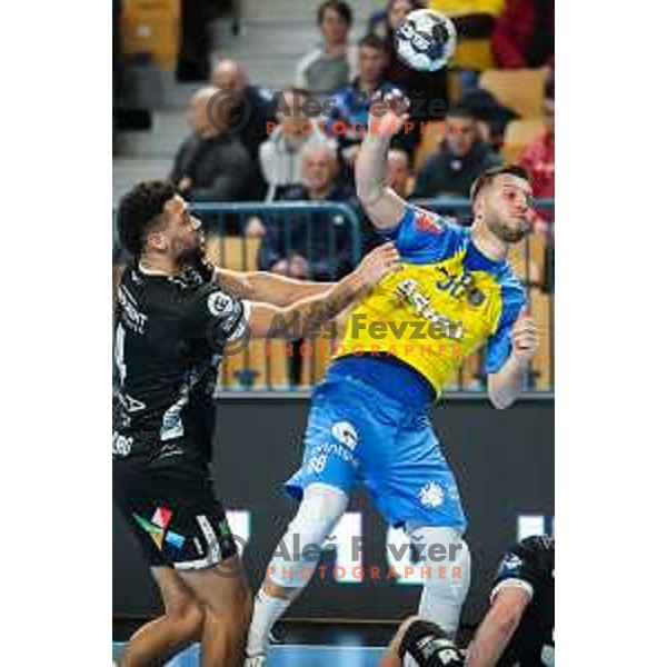 Aleks Vlah in action during EHF Champions League handball match between Celje Pivovarna Lasko and Elverum handball in Zlatorog Arena, Celje, Slovenia on December 7, 2022