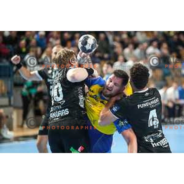 Matic Suholeznik in action during EHF Champions League handball match between Celje Pivovarna Lasko and Elverum handball in Zlatorog Arena, Celje, Slovenia on December 7, 2022