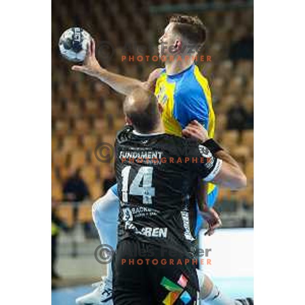 Aleks Vlah in action during EHF Champions League handball match between Celje Pivovarna Lasko and Elverum handball in Zlatorog Arena, Celje, Slovenia on December 7, 2022