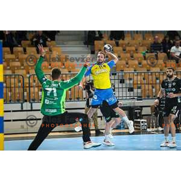 Gal Marguc in action during EHF Champions League handball match between Celje Pivovarna Lasko and Elverum handball in Zlatorog Arena, Celje, Slovenia on December 7, 2022