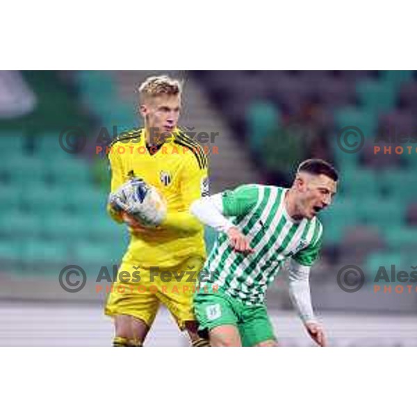 Klemen Mihelak and Mario Kvesic in action during Prva Liga Telemach 2022-2023 football match between Olimpija and Mura in SRC Stozice, Ljubljana, Slovenia on December 8, 2022 