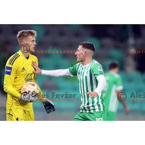 Klemen Mihelak and Mario Kvesic in action during Prva Liga Telemach 2022-2023 football match between Olimpija and Mura in SRC Stozice, Ljubljana, Slovenia on December 8, 2022 
