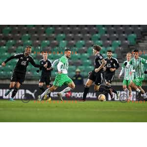 Gregor Balazic and Timi Max Elsnik in action during Prva Liga Telemach 2022-2023 football match between Olimpija and Mura in SRC Stozice, Ljubljana, Slovenia on December 8, 2022