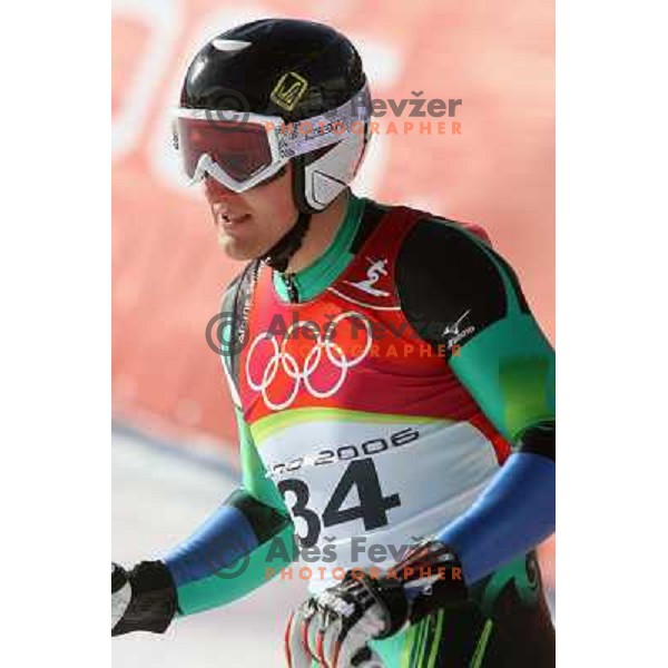 Andrej Sporn (SLO) in the finish line of 2006 Torino Winter Olympic games men\'s downhill race in Borgata, Sestriere on February 12, 2006