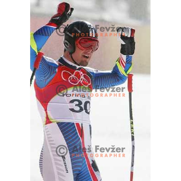 in the finish line of 2006 Torino Winter Olympic games men\'s downhill race in Borgata, Sestriere on February 12, 2006
