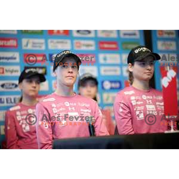 Ursa Bogataj and Nika Kriznar of Slovenia Women\'s Ski jumping team at press conference in Ljubljana on December 12, 2022