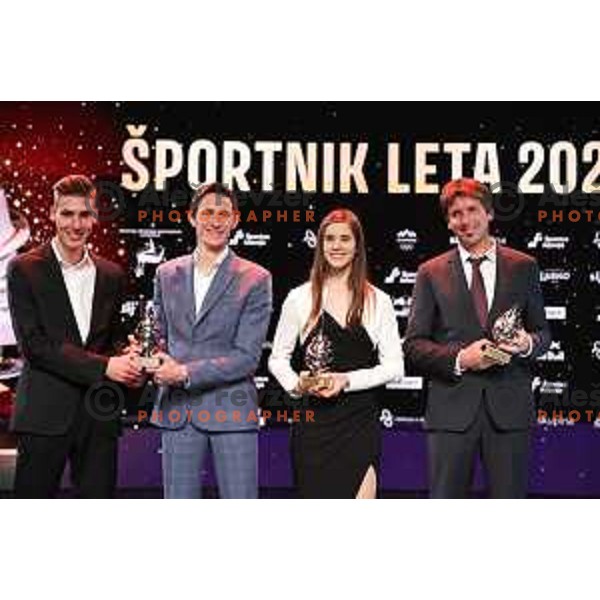 Timi Zajc, Peter Prevc, Ursa Bogataj and coach Zoran Zupancic at Slovenian Sports Press Gala night with awards for Best Slovenian Sportsman 2022 in Cankarjev dom, Ljubljana, Slovenia on December 13, 2022