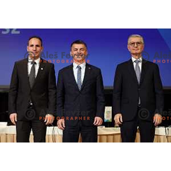 Tomaz Barada, Janez Sodrznik and Franjo Bobinac, candidates for new president of Slovenia Olympic Committee at General Assembly of OKS-ZSZ in hotel Union, Ljubljana, Slovenia on December 16, 2022 