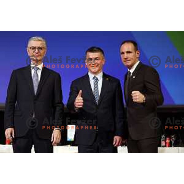 Franjo Bobinac, Janez Sodrznik and Tomaz Barada, candidates for new president of Slovenia Olympic Committee at General Assembly of OKS-ZSZ in hotel Union, Ljubljana, Slovenia on December 16, 2022 