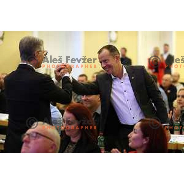 Franjo Bobinac, newly elected president of Slovenia Olympic Committee and Enzo Smrekar at General Assembly of OKS-ZSZ in hotel Union, Ljubljana, Slovenia on December 16, 2022