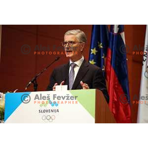 Franjo Bobinac, newly elected president of Slovenia Olympic Committee has a speech at General Assembly of OKS-ZSZ in hotel Union, Ljubljana, Slovenia on December 16, 2022