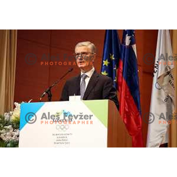 Franjo Bobinac, newly elected president of Slovenia Olympic Committee has a speech at General Assembly of OKS-ZSZ in hotel Union, Ljubljana, Slovenia on December 16, 2022