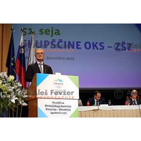 Franjo Bobinac, newly elected president of Slovenia Olympic Committee has a speech at General Assembly of OKS-ZSZ in hotel Union, Ljubljana, Slovenia on December 16, 2022