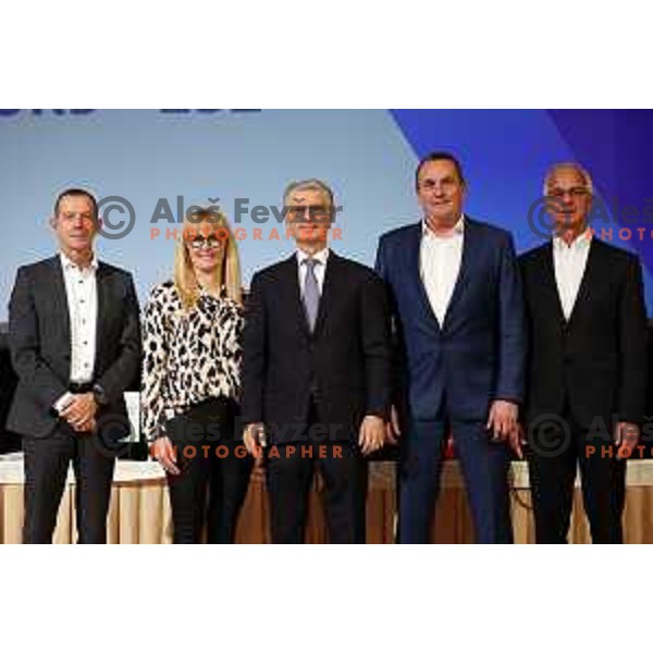 Enzo Smrekar, Katja Koren, Franjo Bobinac, newly elected president of Slovenia Olympic Committee, Metod Ropret and Miran Kos as vice-presidents at General Assembly of OKS-ZSZ in hotel Union, Ljubljana, Slovenia on December 16, 2022