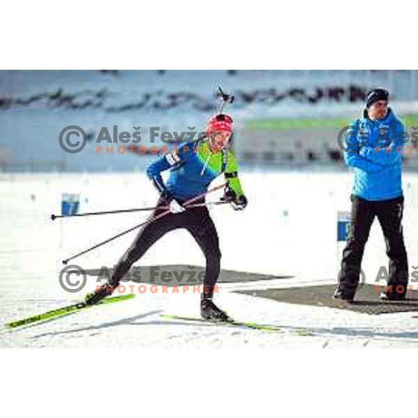 Jakov Fak and head caoch Ricco Gros of Slovenia Biathlon team during practice session at Pokljuka, Slovenia on December 22, 2022 