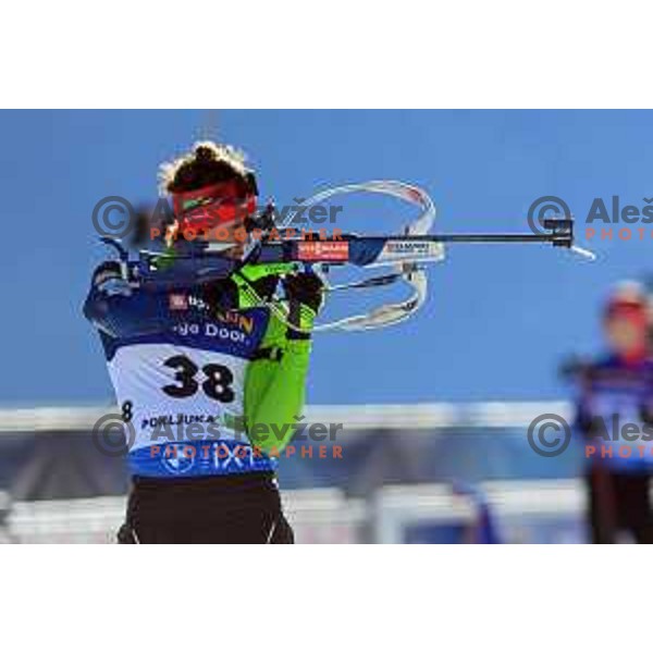 Miha Dovzan in action during Men\'s Sprint 10 km at IBU Biathlon World Cup, Pokljuka, Slovenia on January 6, 2023