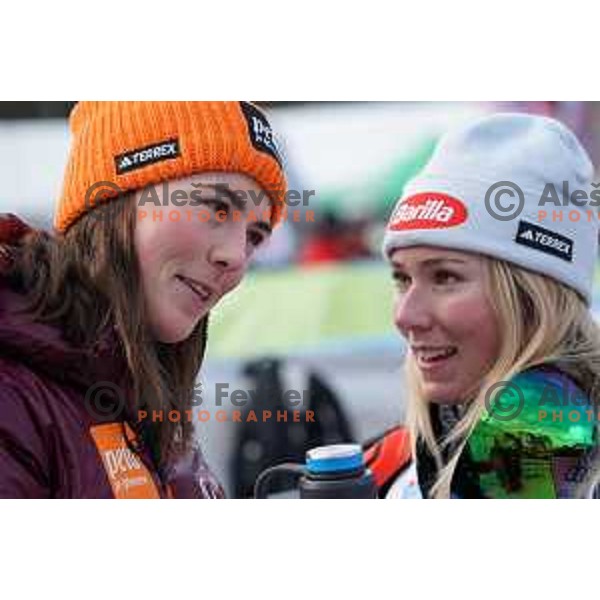 Petra Vlhova (SVK) and Mikaela Shiffrin (USA), winner of AUDI FIS Ski World Cup Giant Slalom for 59.Golden Fox Zlata Lisica in Kranjska Gora, Slovenia on January 8, 2023