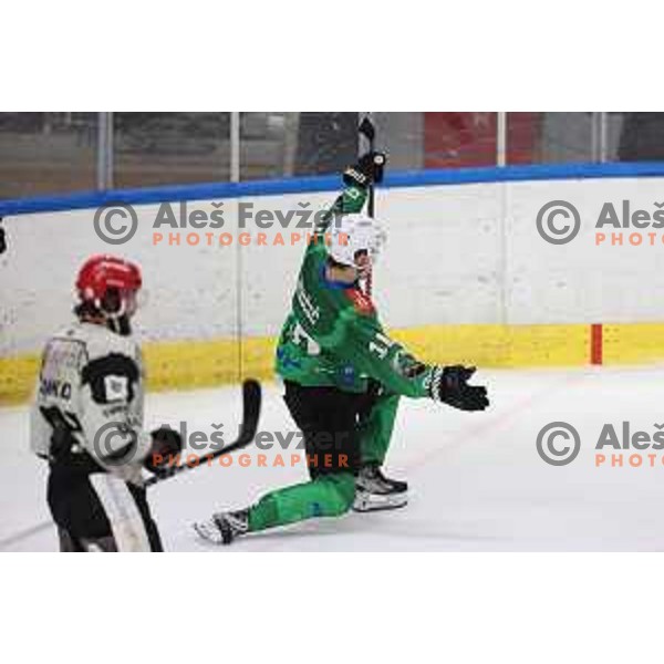 Miha Bericic celebrates goal during first match of the Final of Slovenian Championship ice-hockey match between SZ Olimpija and SIJ Acroni Jesenice in Tivoli Hall, Ljubljana, Slovenia on January 10, 2023 
