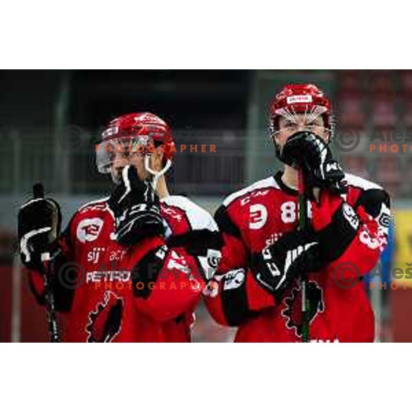 Eric Pance and Ziga Urukalo during second game of the Final of Slovenian ice-hockey Championship between SIJ Acroni Jesenice and SZ Olimpija in podmezakla Hall, Jesenice, Slovenia on January 13, 2023