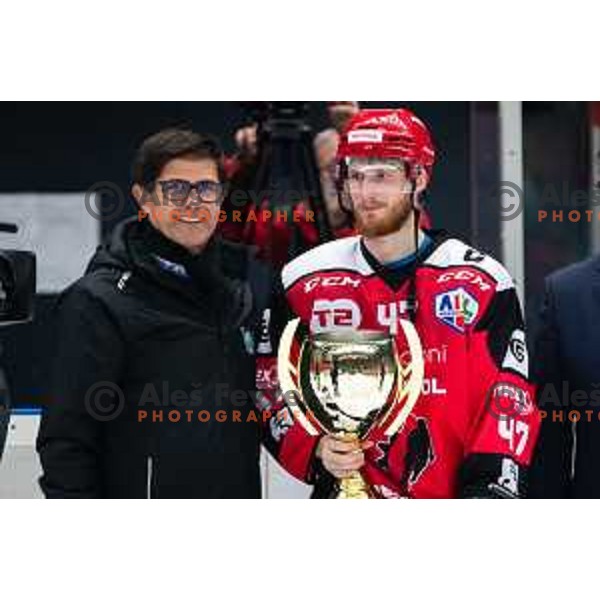 during second game of the Final of Slovenian ice-hockey Championship between SIJ Acroni Jesenice and SZ Olimpija in podmezakla Hall, Jesenice, Slovenia on January 13, 2023