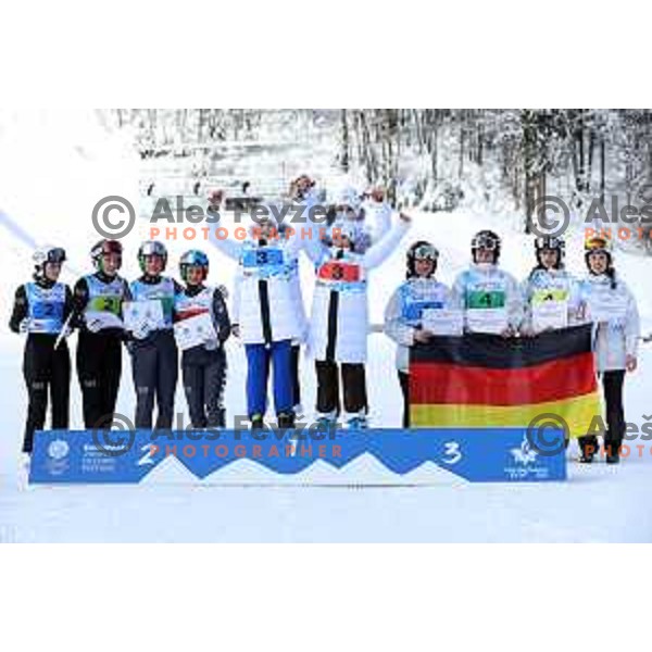 Taja Bodlaj, Tinkara Komar, Nika Prevc and Katarina Pirnovar (SLO) winners of gold medal at European Youth Olympic Festival in team event of women’s Ski Jumping in Planica, Slovenia during EYOF Tarvisio 2023 on January 25, 2023 