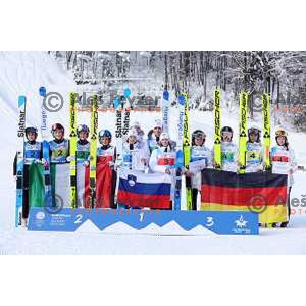 Taja Bodlaj, Tinkara Komar, Nika Prevc and Katarina Pirnovar (SLO) winners of gold medal at European Youth Olympic Festival in team event of women’s Ski Jumping in Planica, Slovenia during EYOF Tarvisio 2023 on January 25, 2023 