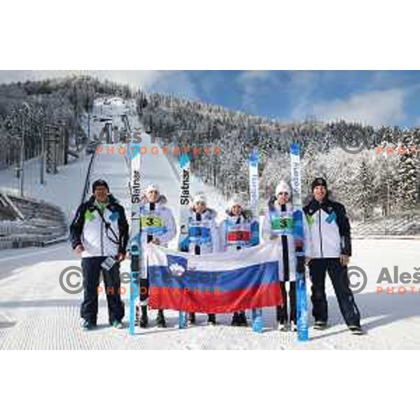 Taja Bodlaj, Tinkara Komar, Nika Prevc and Katarina Pirnovar (SLO) winners of gold medal at European Youth Olympic Festival in team event of women’s Ski Jumping in Planica, Slovenia during EYOF Tarvisio 2023 on January 25, 2023 