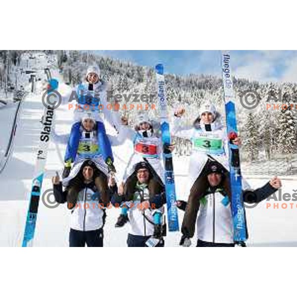 Taja Bodlaj, Tinkara Komar, Nika Prevc and Katarina Pirnovar (SLO) winners of gold medal at European Youth Olympic Festival in team event of women’s Ski Jumping in Planica, Slovenia during EYOF Tarvisio 2023 on January 25, 2023 