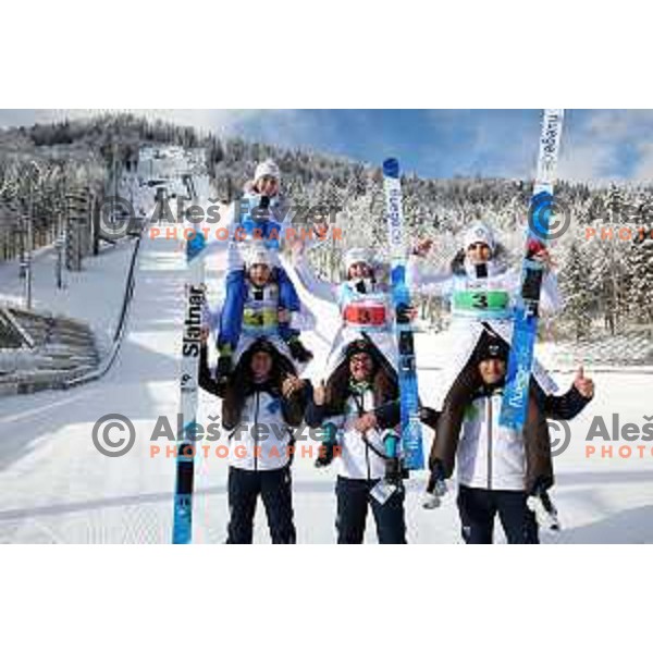 Taja Bodlaj, Tinkara Komar, Nika Prevc and Katarina Pirnovar (SLO) winners of gold medal at European Youth Olympic Festival in team event of women’s Ski Jumping in Planica, Slovenia during EYOF Tarvisio 2023 on January 25, 2023 