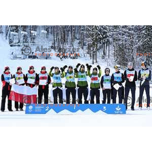 Team Austria celebrates gold medal in European Youth Olympic Festival at team event of boy’s Ski Jumping in Planica, Slovenia during EYOF Tarvisio 2023 on January 25, 2023 