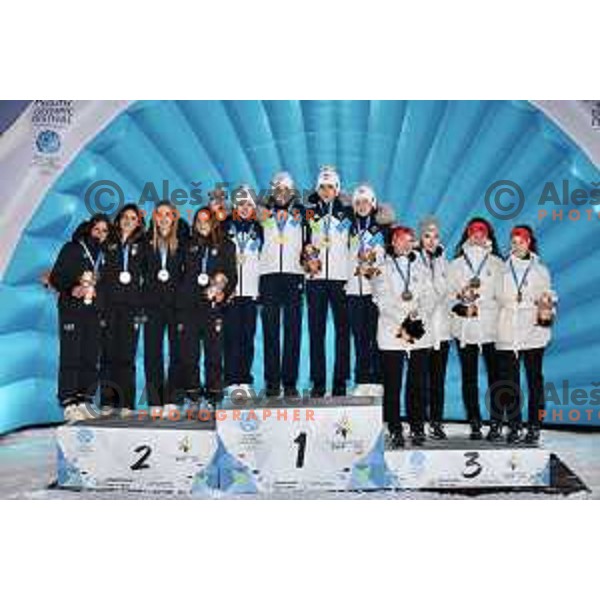 Taja Bodlaj, Tinkara Komar, Nika Prevc and Katarina Pirnovar (SLO) winners of gold medal at European Youth Olympic Festival in team event of women’s Ski Jumping in Planica, Slovenia during EYOF Tarvisio 2023 on January 25, 2023 