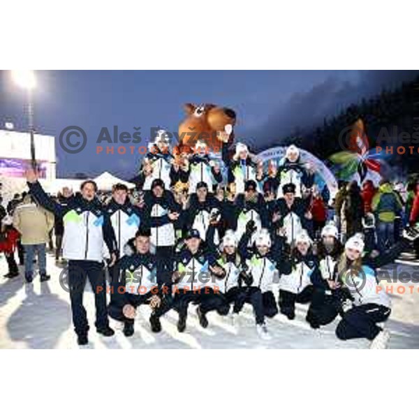 Taja Bodlaj, Tinkara Komar, Nika Prevc and Katarina Pirnovar (SLO) winners of gold medal at European Youth Olympic Festival in team event of women’s Ski Jumping in Planica, Slovenia during EYOF Tarvisio 2023 on January 25, 2023 
