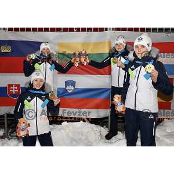 Taja Bodlaj, Tinkara Komar, Nika Prevc and Katarina Pirnovar (SLO) winners of gold medal at European Youth Olympic Festival in team event of women’s Ski Jumping in Planica, Slovenia during EYOF Tarvisio 2023 on January 25, 2023 