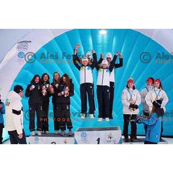 Taja Bodlaj, Tinkara Komar, Nika Prevc and Katarina Pirnovar (SLO) winners of gold medal at European Youth Olympic Festival in team event of women’s Ski Jumping in Planica, Slovenia during EYOF Tarvisio 2023 on January 25, 2023