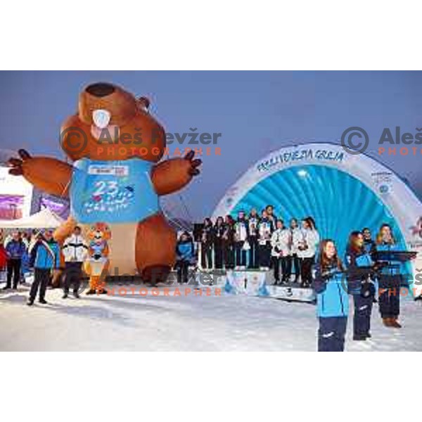 Taja Bodlaj, Tinkara Komar, Nika Prevc and Katarina Pirnovar (SLO) winners of gold medal at European Youth Olympic Festival in team event of women’s Ski Jumping in Planica, Slovenia during EYOF Tarvisio 2023 on January 25, 2023