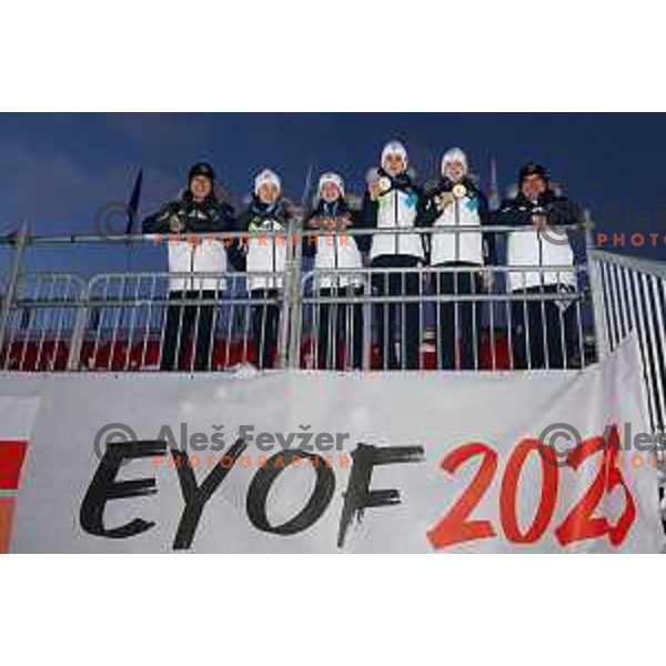 Taja Bodlaj, Tinkara Komar, Nika Prevc and Katarina Pirnovar (SLO) winners of gold medal at European Youth Olympic Festival in team event of women’s Ski Jumping in Planica, Slovenia during EYOF Tarvisio 2023 on January 25, 2023