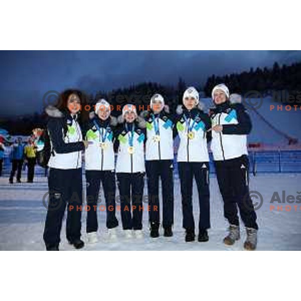 Taja Bodlaj, Tinkara Komar, Nika Prevc and Katarina Pirnovar (SLO) winners of gold medal at European Youth Olympic Festival in team event of women’s Ski Jumping in Planica, Slovenia during EYOF Tarvisio 2023 on January 25, 2023