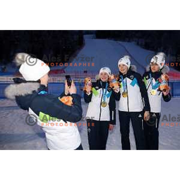 Taja Bodlaj, Tinkara Komar, Nika Prevc and Katarina Pirnovar (SLO) winners of gold medal at European Youth Olympic Festival in team event of women’s Ski Jumping in Planica, Slovenia during EYOF Tarvisio 2023 on January 25, 2023