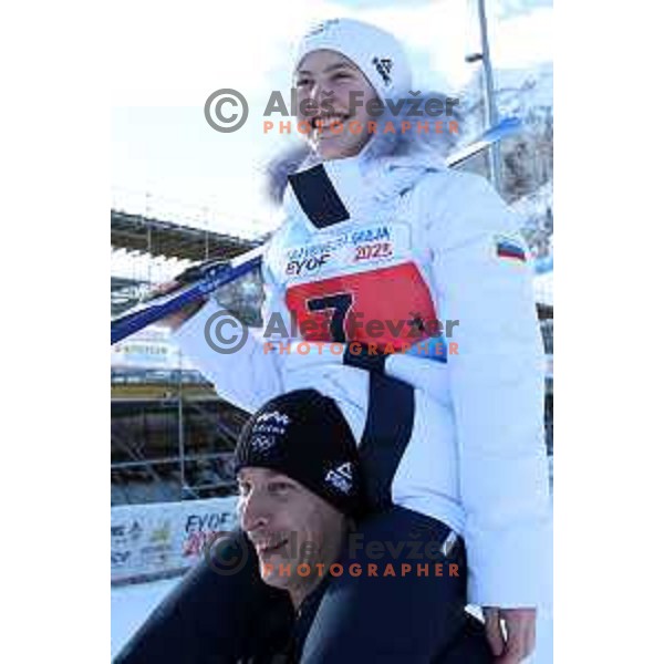 Coach Jurij Teoes and Tinkara Komar at European Youth Olympic Festival in Ski jumping mix team event in Planica during EYOF Tarvisio 2023 on January 27, 2023