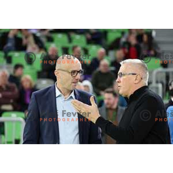 Jure Zdovc and Peter Vilfan prior to ABA league 2022-2033 regular season match between Cedevita Olimpija and Buducnost in Ljubljana, Slovenia on January 29, 2023