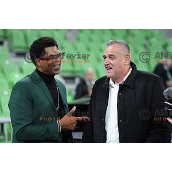 De Anthony Langston and Slavko Kotnik prior to ABA league 2022-2033 regular season match between Cedevita Olimpija and Buducnost in Ljubljana, Slovenia on January 29, 2023